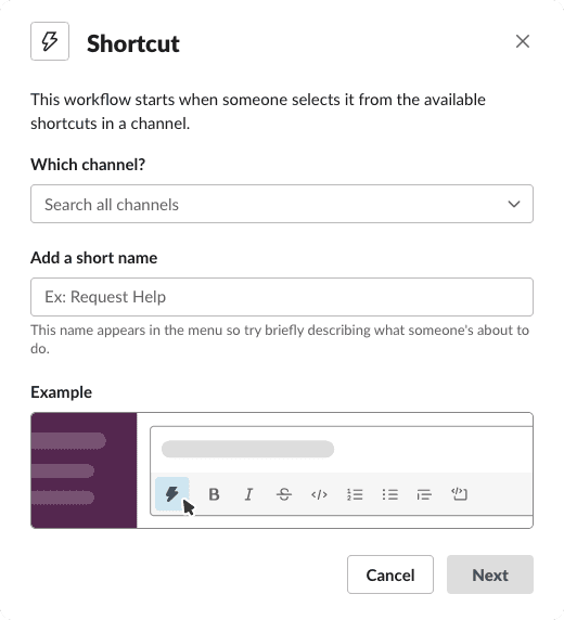 Slack shortcut workflow setup