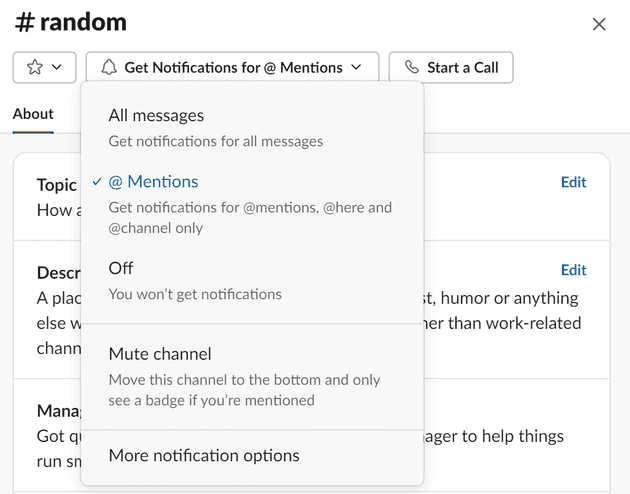 Setting Slack notification settings to only mentions