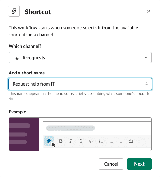 Slack helpdesk shortcut workflow setup