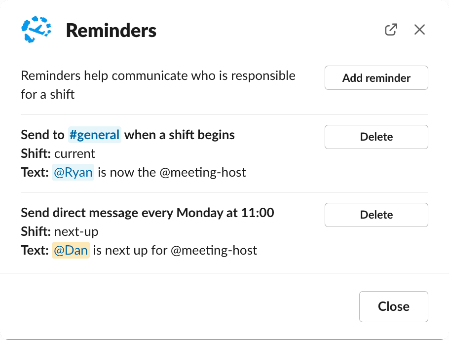 Support Shift reminders for Slack